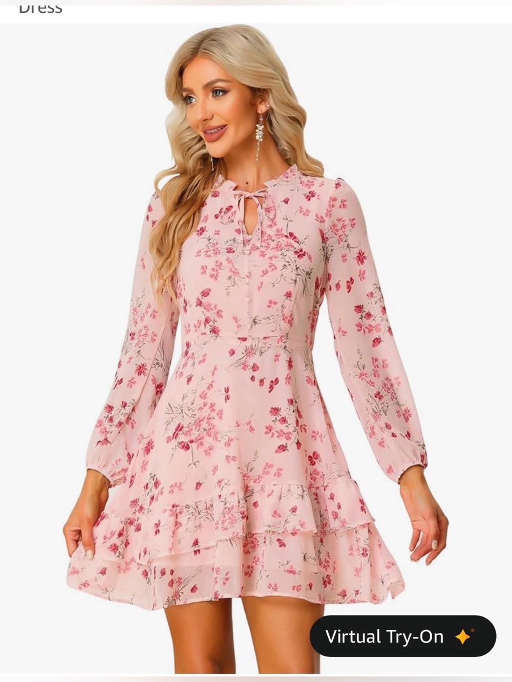 Floral Long-Sleeve Ruffle Hem Mini Dress - Pink size M